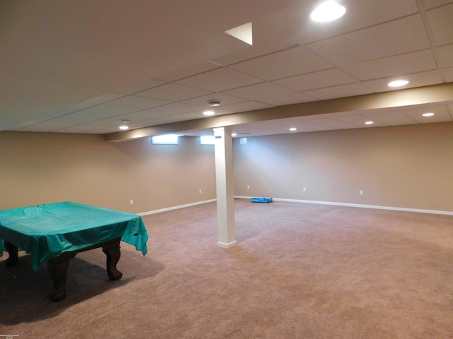 recreation room featuring carpet floors, recessed lighting, baseboards, a drop ceiling, and billiards