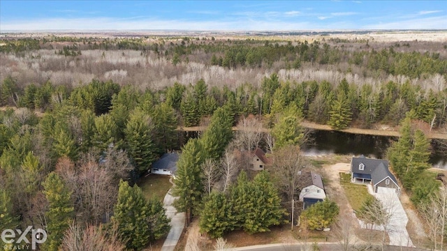 birds eye view of property with a water view and a forest view