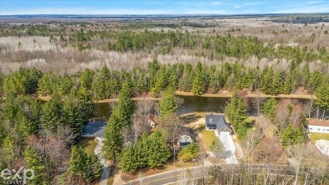 bird's eye view featuring a water view and a view of trees