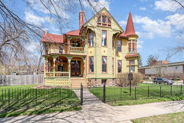 victorian home with a porch, a front lawn, a fenced front yard, a balcony, and a chimney