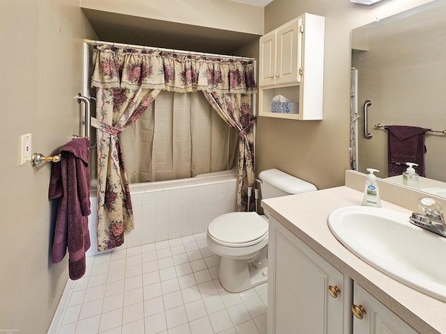 bathroom with tile patterned floors, toilet, a shower with curtain, and vanity
