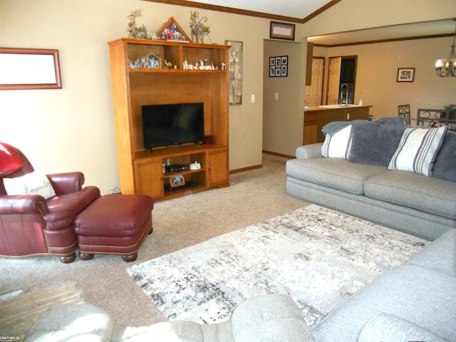 living room with a notable chandelier, ornamental molding, lofted ceiling, and carpet floors