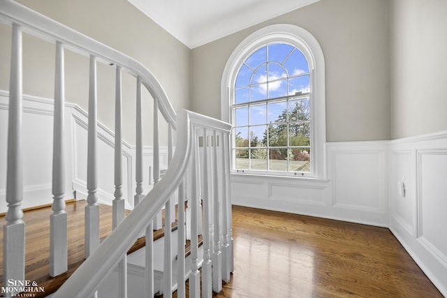 stairway with wood finished floors, a decorative wall, and a wainscoted wall