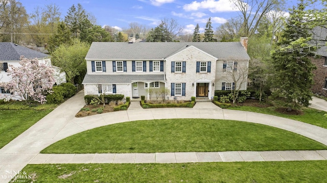 view of front of home with a chimney, a front lawn, and curved driveway