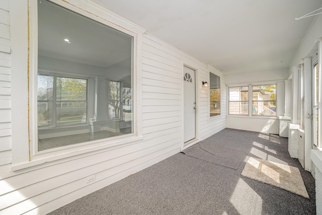 unfurnished sunroom featuring wooden walls, a wealth of natural light, and carpet