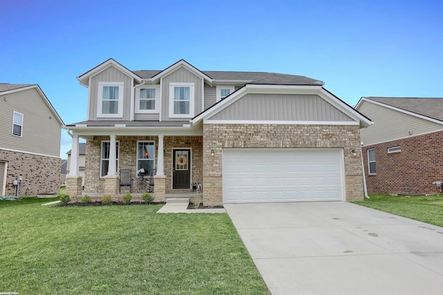 craftsman house with driveway, board and batten siding, covered porch, a front yard, and a garage