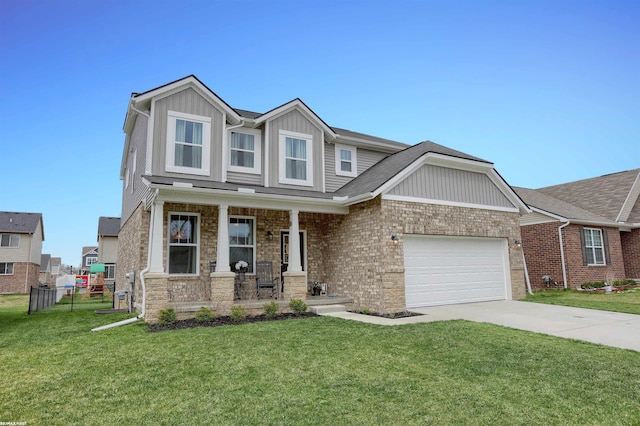 craftsman inspired home with driveway, board and batten siding, an attached garage, a porch, and a front lawn