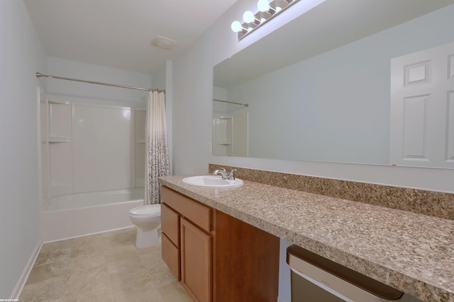 full bathroom featuring shower / tub combo with curtain, toilet, and vanity