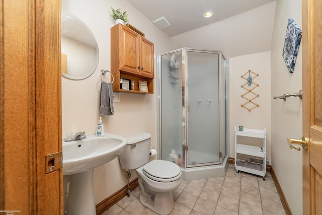 bathroom with a shower stall, tile patterned floors, toilet, visible vents, and baseboards