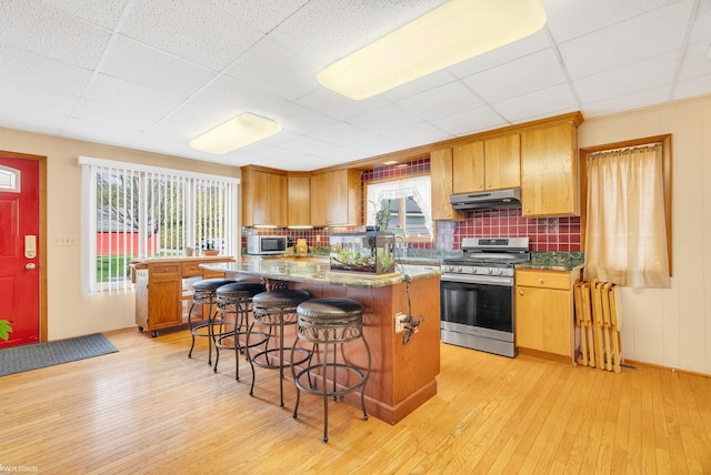 1121 S Lakeshore Rd, Carsonville, MI 48419 - kitchen featuring light wood finished floors, stainless steel appliances, under cabinet range hood, a kitchen breakfast bar, and tasteful backsplash