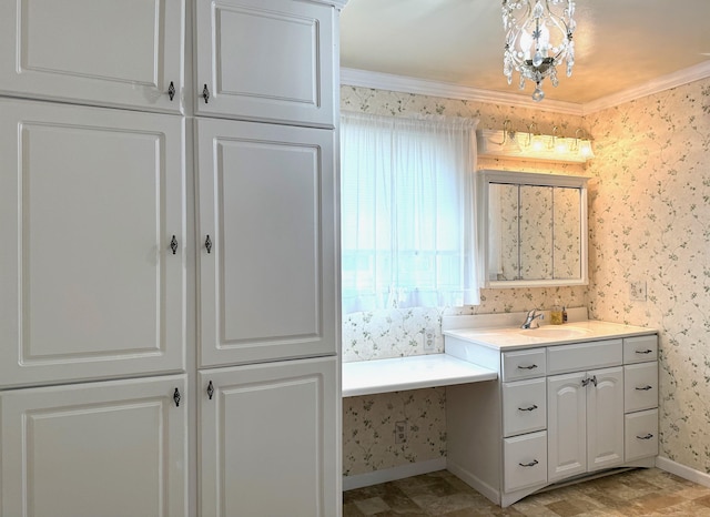 bathroom with ornamental molding, wallpapered walls, vanity, and baseboards