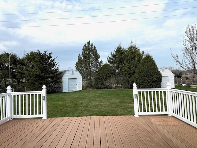 wooden deck with an outdoor structure, a storage shed, and a lawn