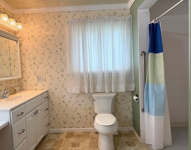 full bath featuring baseboards, tiled shower, a healthy amount of sunlight, and toilet