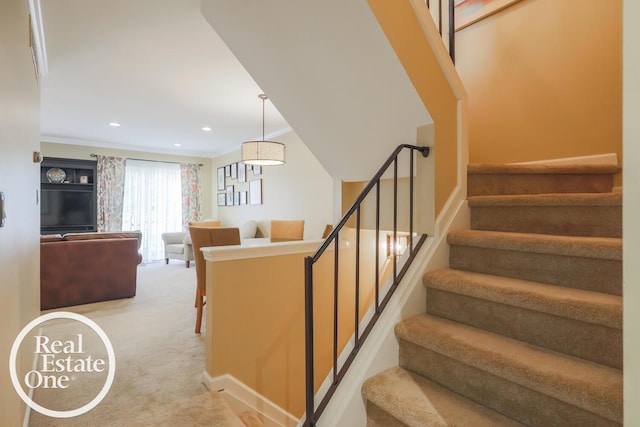 staircase featuring recessed lighting and carpet flooring