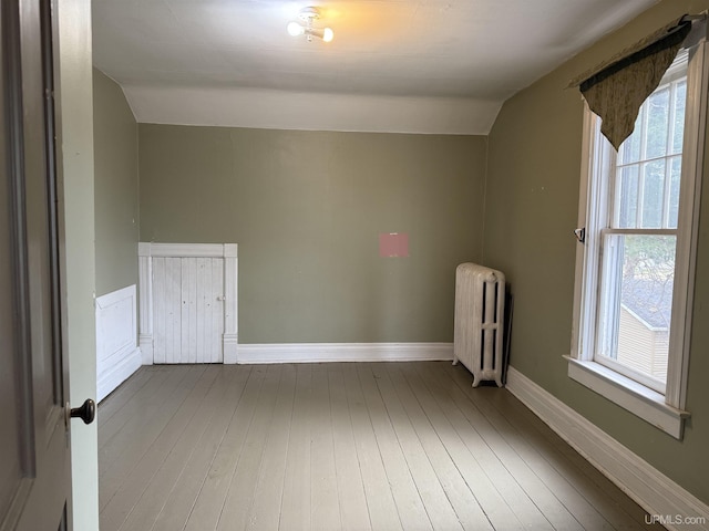 additional living space featuring vaulted ceiling, a wealth of natural light, wood-type flooring, and radiator