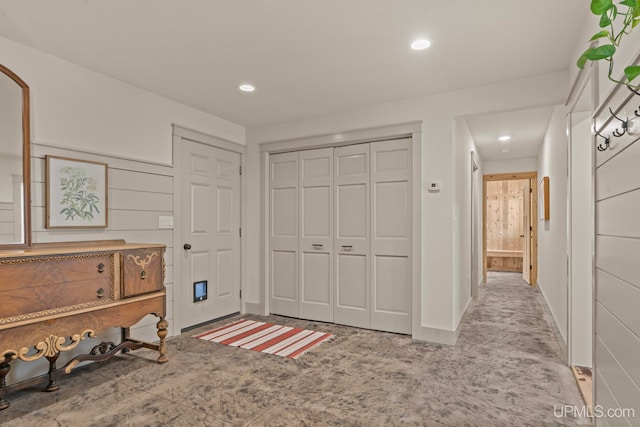 bedroom featuring baseboards, recessed lighting, a closet, and carpet flooring