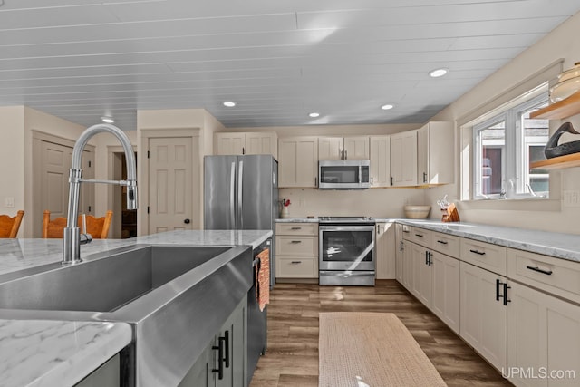 kitchen with wood finished floors, stainless steel appliances, recessed lighting, and a sink