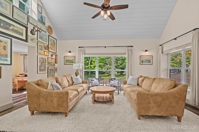 living room with ceiling fan, wooden ceiling, high vaulted ceiling, and wood finished floors
