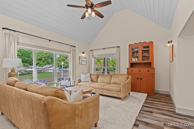 living area with wood finished floors, a ceiling fan, high vaulted ceiling, and wooden ceiling