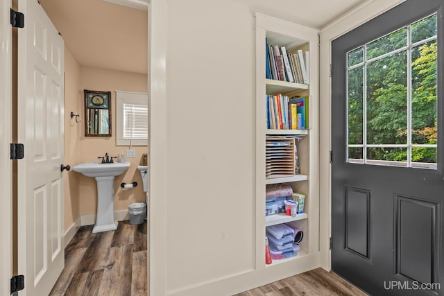 entryway featuring a sink, wood finished floors, and baseboards