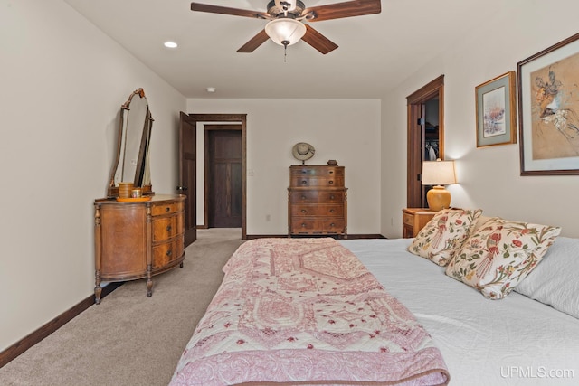 carpeted bedroom featuring ceiling fan, recessed lighting, and baseboards