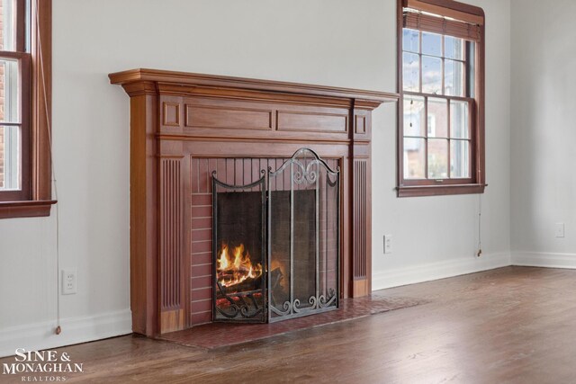 interior details featuring baseboards, wood finished floors, and a fireplace