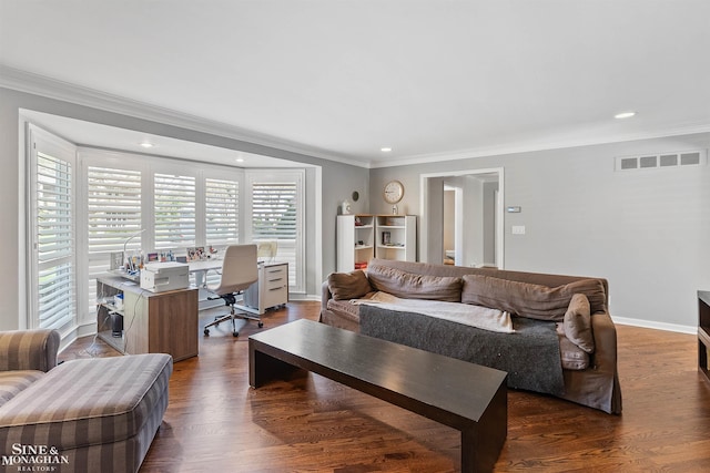 living room with visible vents, ornamental molding, and recessed lighting