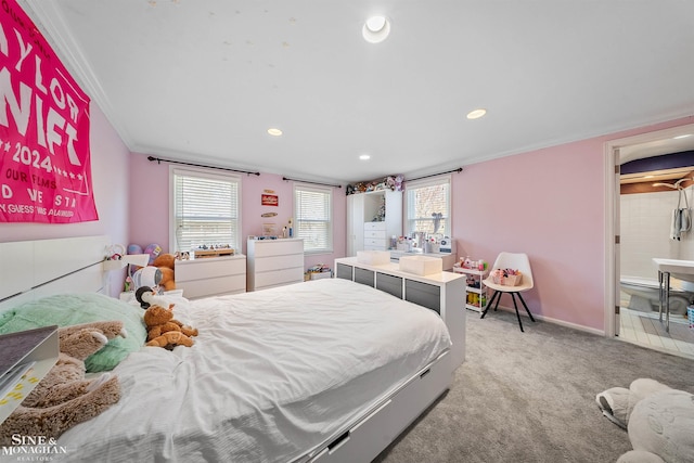 bedroom featuring crown molding, recessed lighting, and light colored carpet