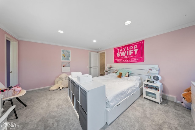 bedroom with recessed lighting, ornamental molding, visible vents, and light carpet