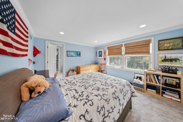 carpeted bedroom featuring recessed lighting, ornamental molding, and visible vents