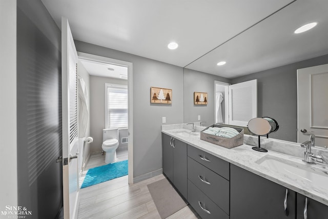 full bath featuring baseboards, a sink, wood finished floors, and toilet