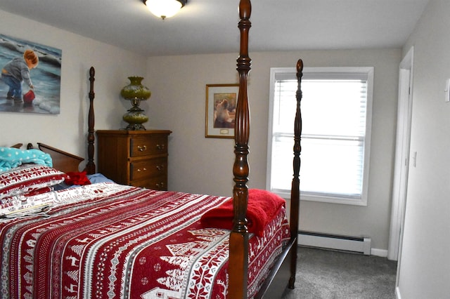 carpeted bedroom featuring multiple windows and a baseboard heating unit