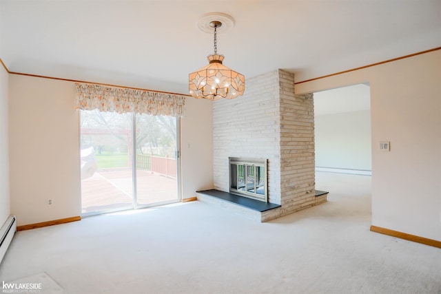 2428 Irma St, Warren, MI 48092 - unfurnished living room featuring a baseboard heating unit, baseboards, a chandelier, and carpet
