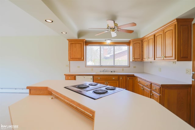 2428 Irma St, Warren, MI 48092 - kitchen with white dishwasher, a sink, stovetop with downdraft, light countertops, and a ceiling fan