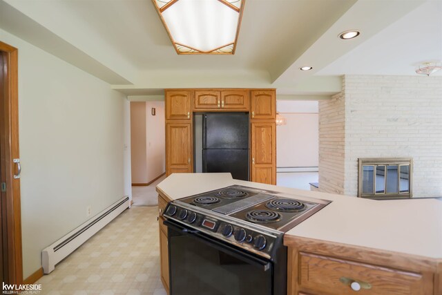 2428 Irma St, Warren, MI 48092 - kitchen with freestanding refrigerator, light countertops, electric range oven, a baseboard heating unit, and brown cabinets