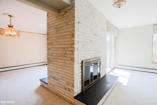2428 Irma St, Warren, MI 48092 - unfurnished living room featuring carpet floors, baseboard heating, and a fireplace