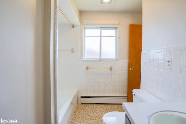 2428 Irma St, Warren, MI 48092 - bathroom featuring vanity, a baseboard heating unit, toilet, and tile walls