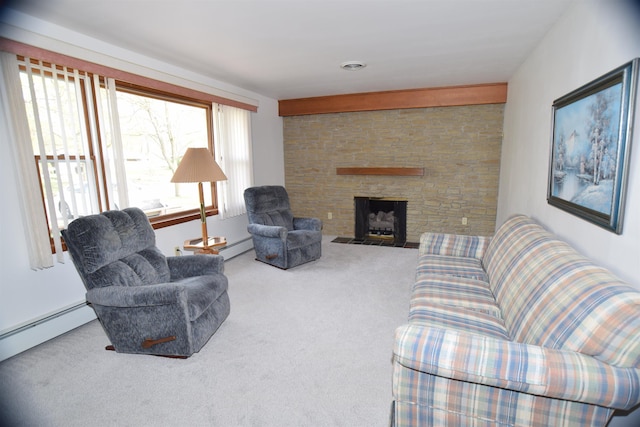 living area with carpet flooring, baseboard heating, and a fireplace