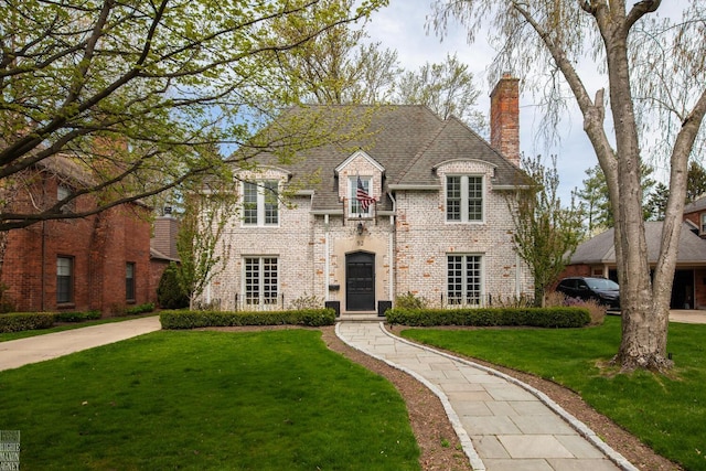 french country style house with brick siding, a front yard, and a chimney