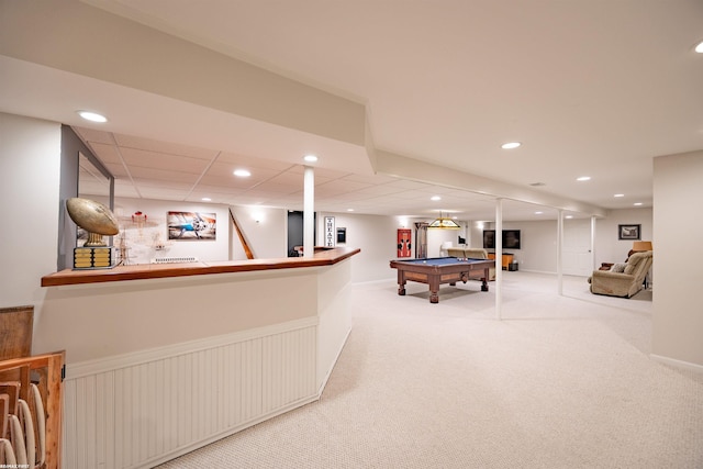 game room featuring carpet floors, recessed lighting, billiards, and wainscoting