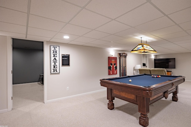 game room featuring pool table, baseboards, and carpet flooring