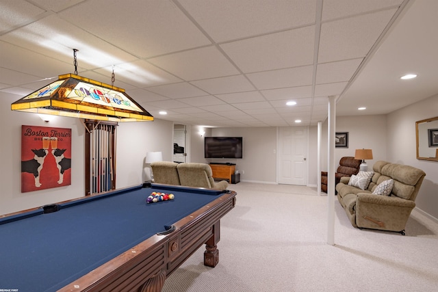 game room with carpet floors, baseboards, recessed lighting, and pool table