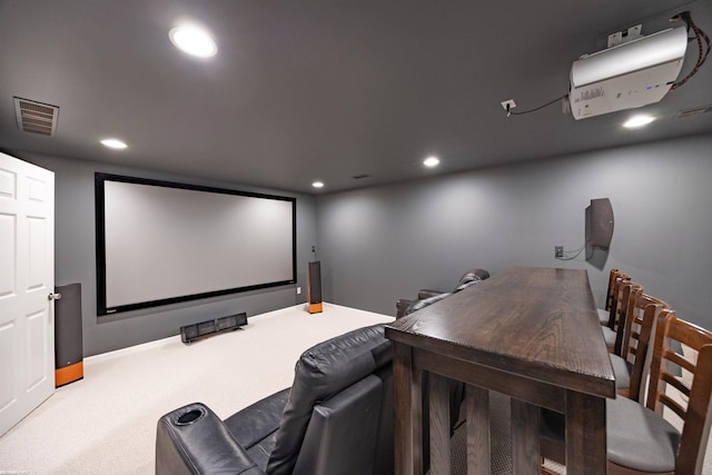 cinema featuring carpet floors, recessed lighting, baseboards, and visible vents