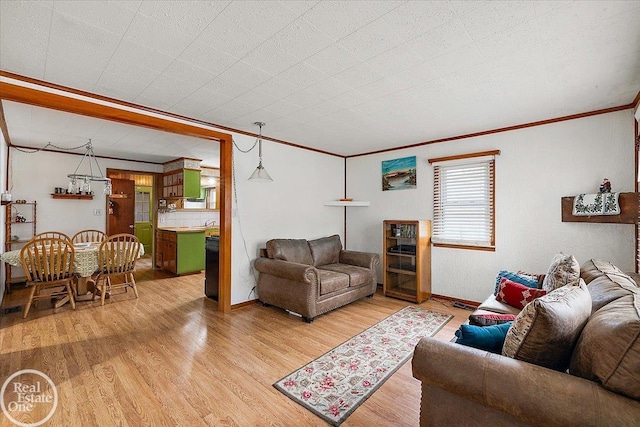 living room featuring crown molding, baseboards, and light wood finished floors
