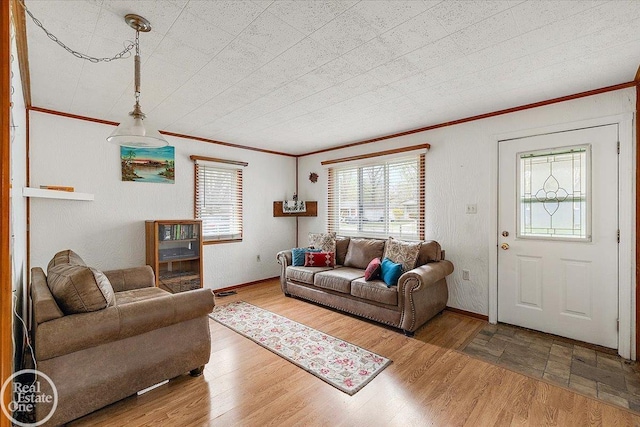 living room with baseboards, ornamental molding, and wood finished floors