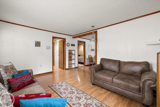 living area featuring crown molding, baseboards, and wood finished floors