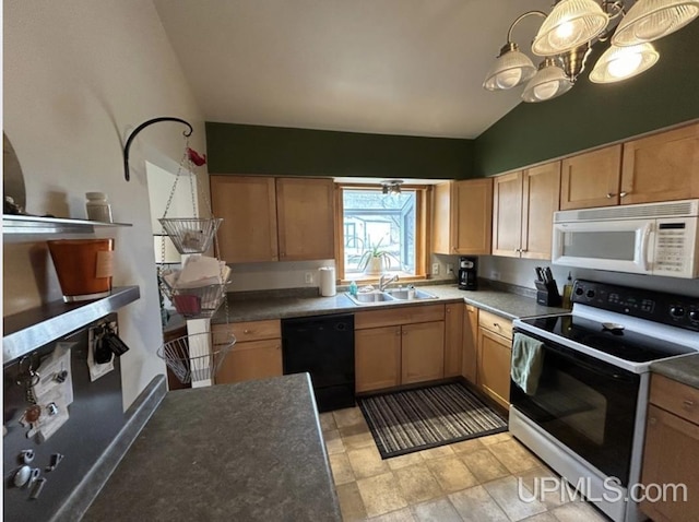 kitchen with a sink, electric range oven, a chandelier, black dishwasher, and white microwave