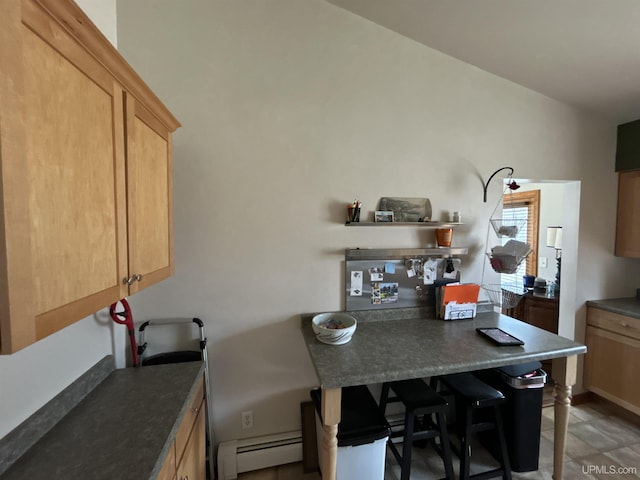 kitchen with dark countertops, a breakfast bar, open shelves, and a baseboard radiator