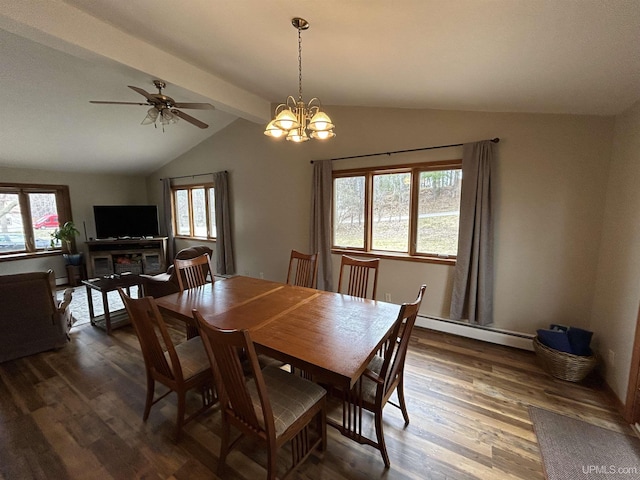 dining room featuring a baseboard radiator, dark wood finished floors, lofted ceiling with beams, and ceiling fan with notable chandelier