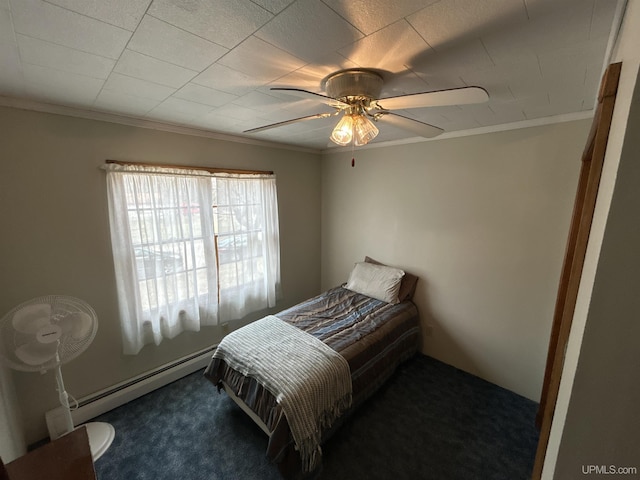 carpeted bedroom featuring ceiling fan, ornamental molding, and baseboard heating